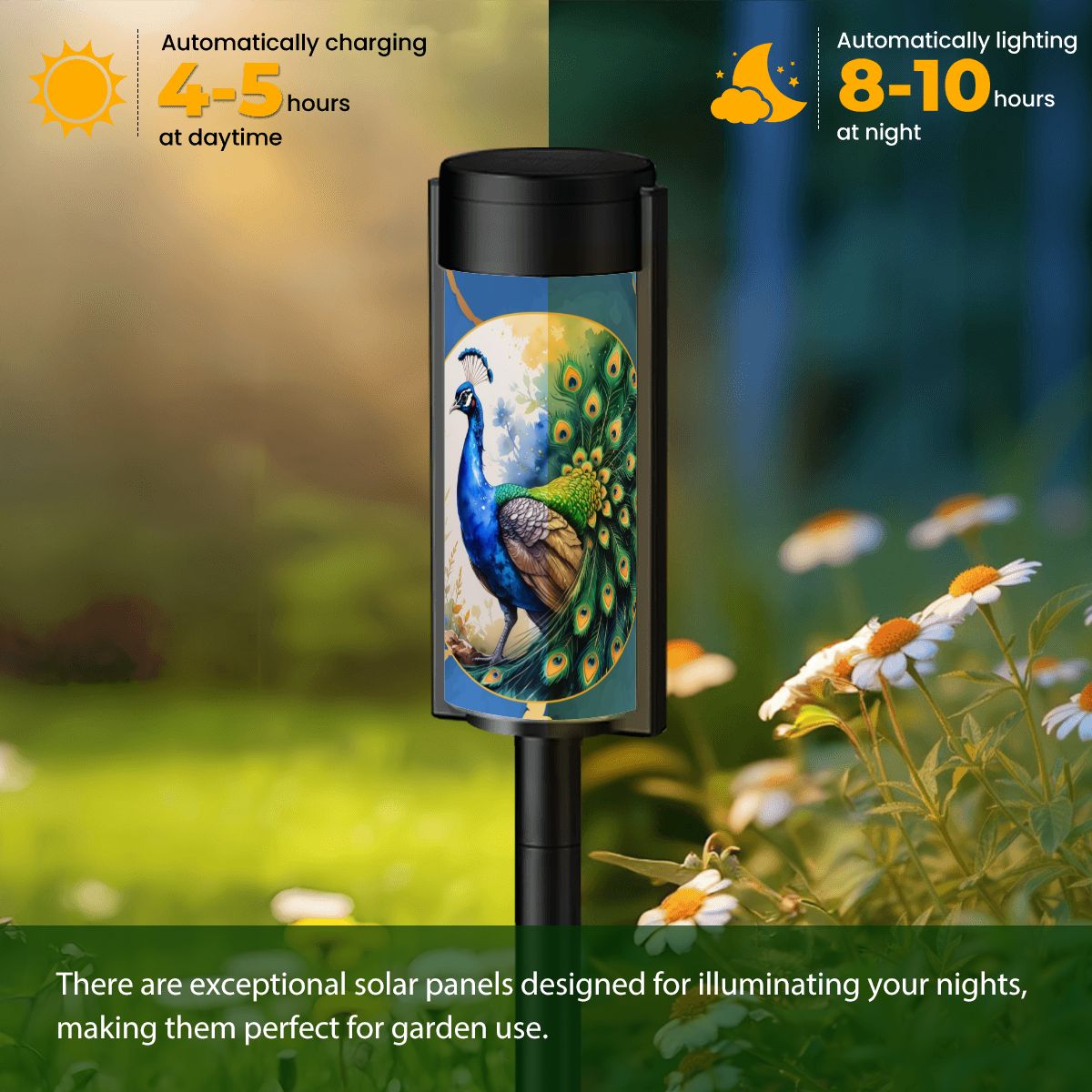 Peacock Watercolor Floral Asian Zen Garden Floral Outdoor Solar Lights