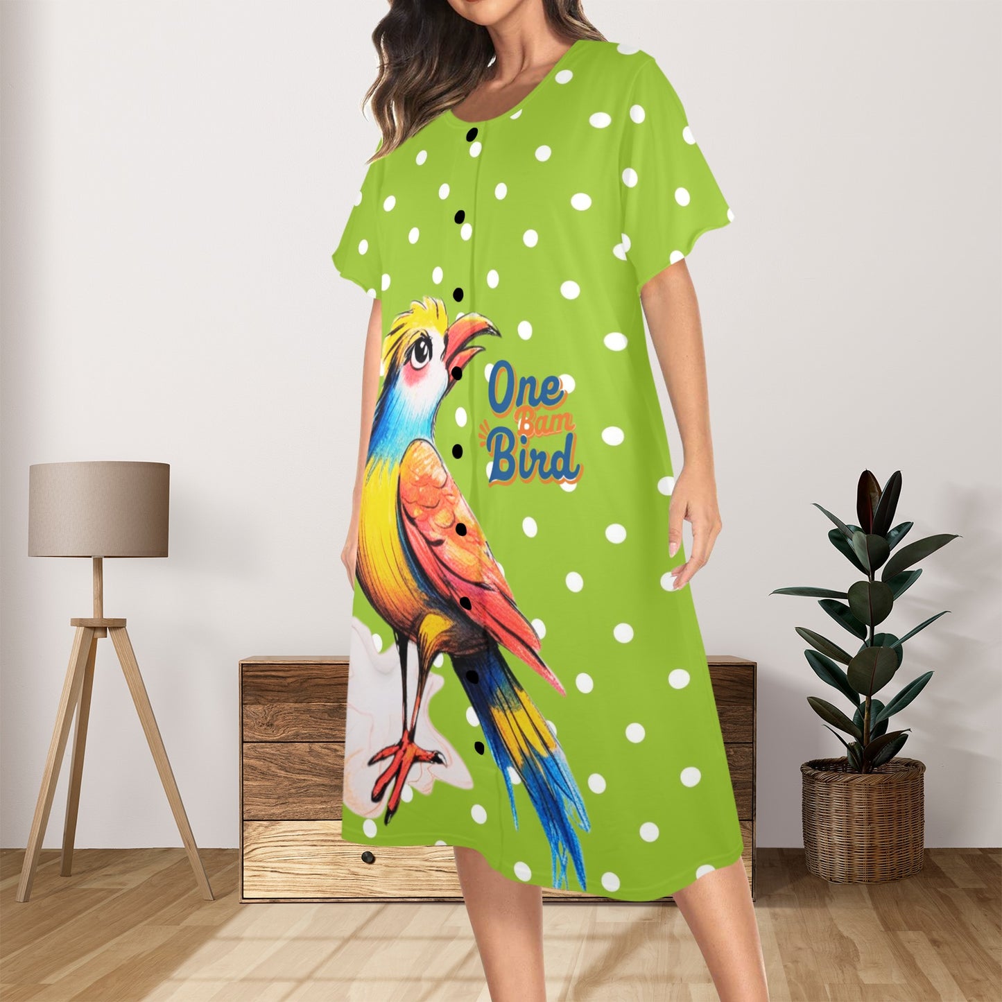 Quirky Mahjong One Bam Bird Green Polka Dot Ladies Muumuu Dress