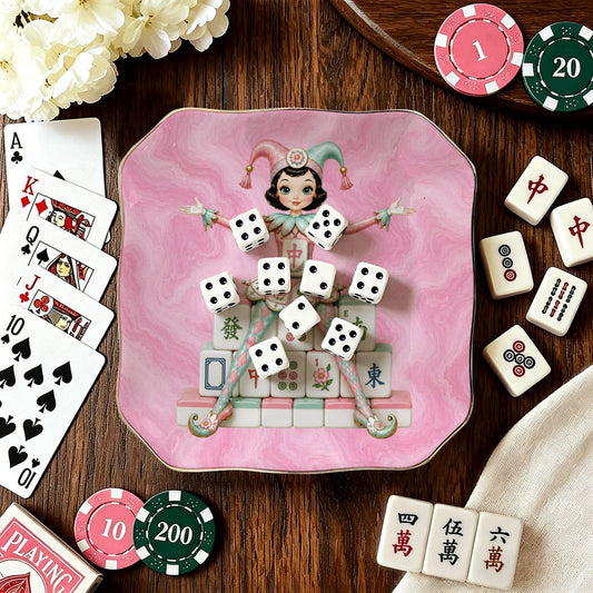 Mahjie The Mascot Pink Marbled Scalloped Ceramic Mahjong Dice Tray