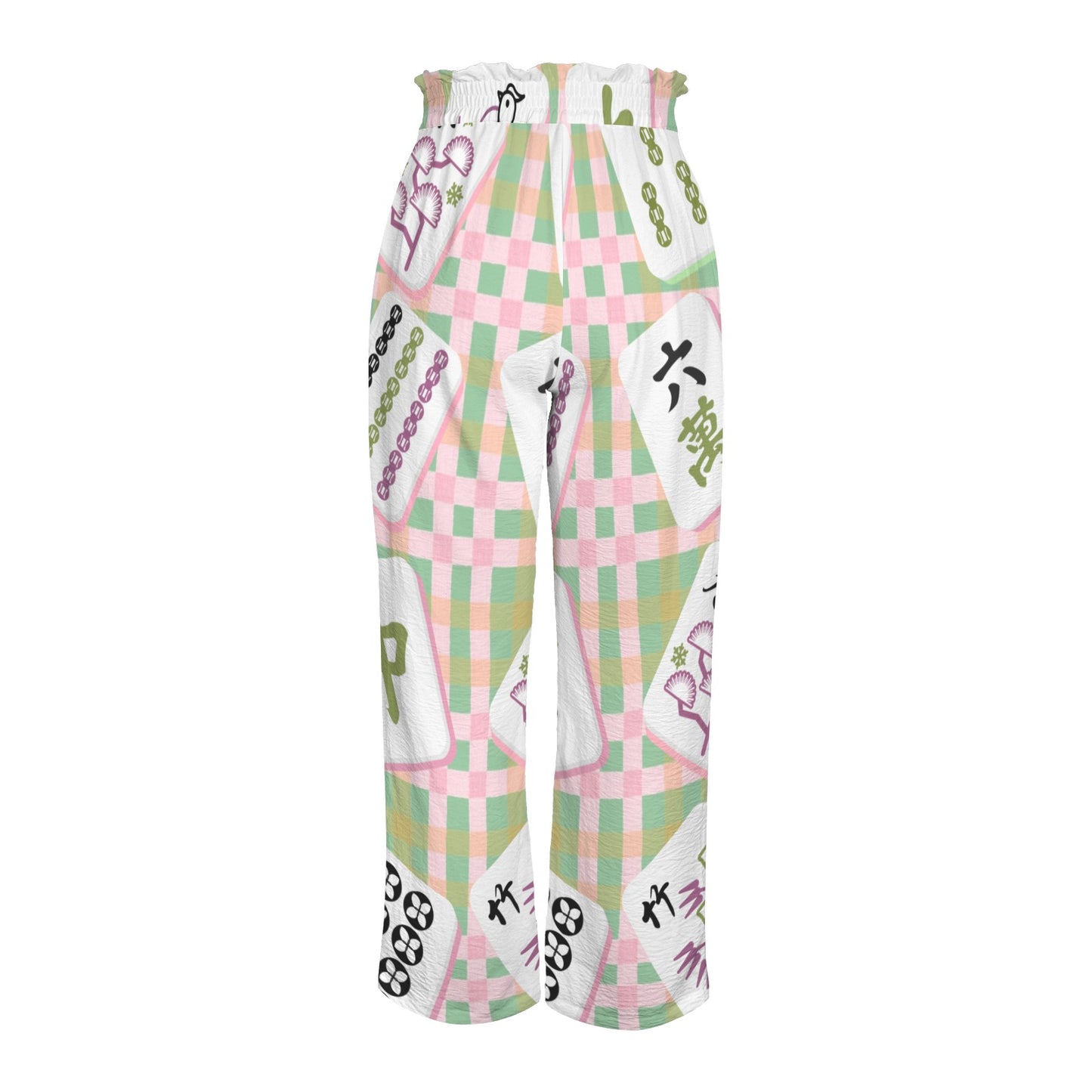 Preppy Trendy Mahjong Pants With Belt, Pink Green Striped And Mahj Tile Print - Splash of Color Co.