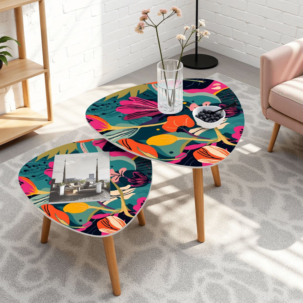 Grand Bohemian Floral Modern Nesting Tables Orange, Teal Yellow Fuchsia - Splash of Color Co.