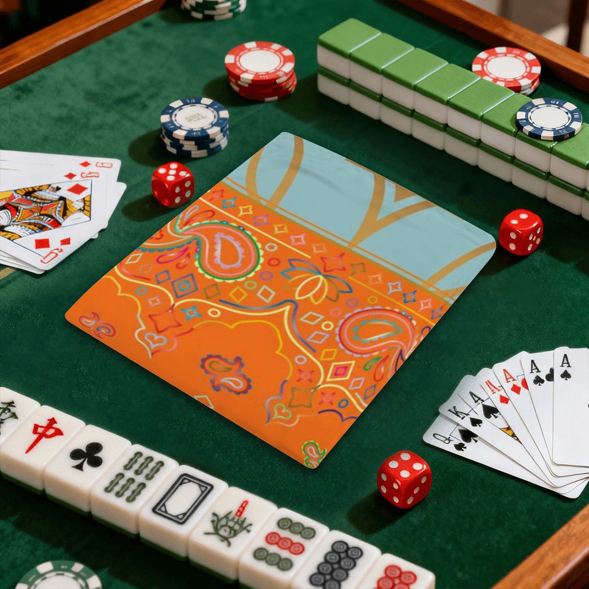 Celestial Sun, Orange Aqua Designed 4 Mahjong Card Holder with Line Finder - Splash of Color Co.