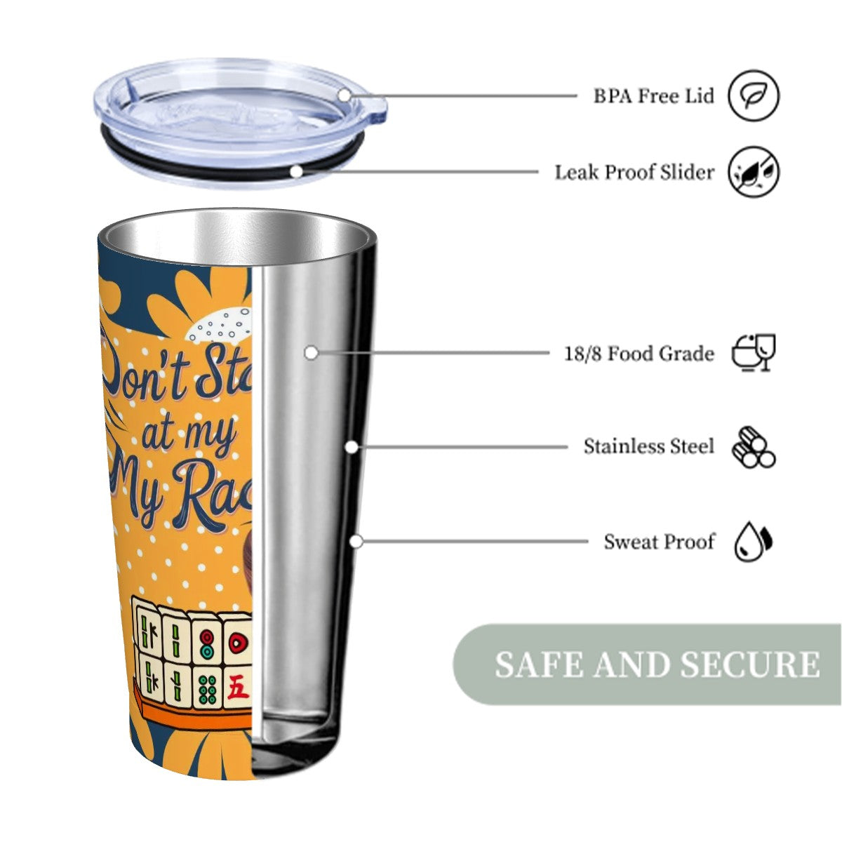 Funny Mahjong Cheeky Don't Stare At My Rack, Blue Yellow Floral Polka Dot Stainless Steel Insulated Tumblers with Lid & Straw