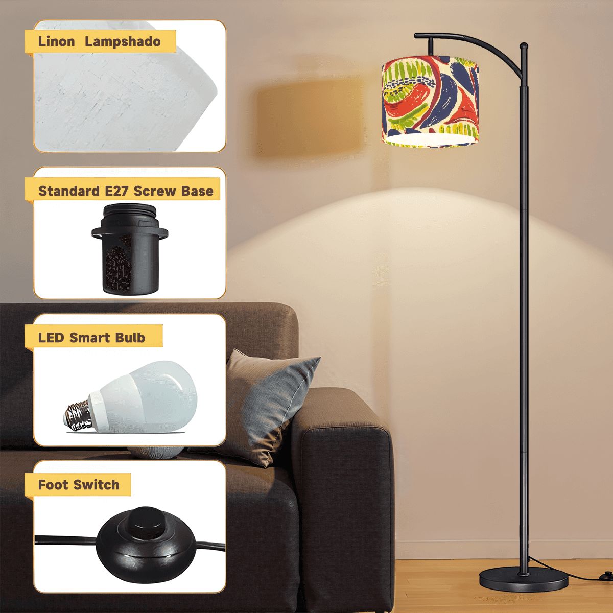 Modern Floral Heritage Abtract Boho Modern Arc Floor Lamp