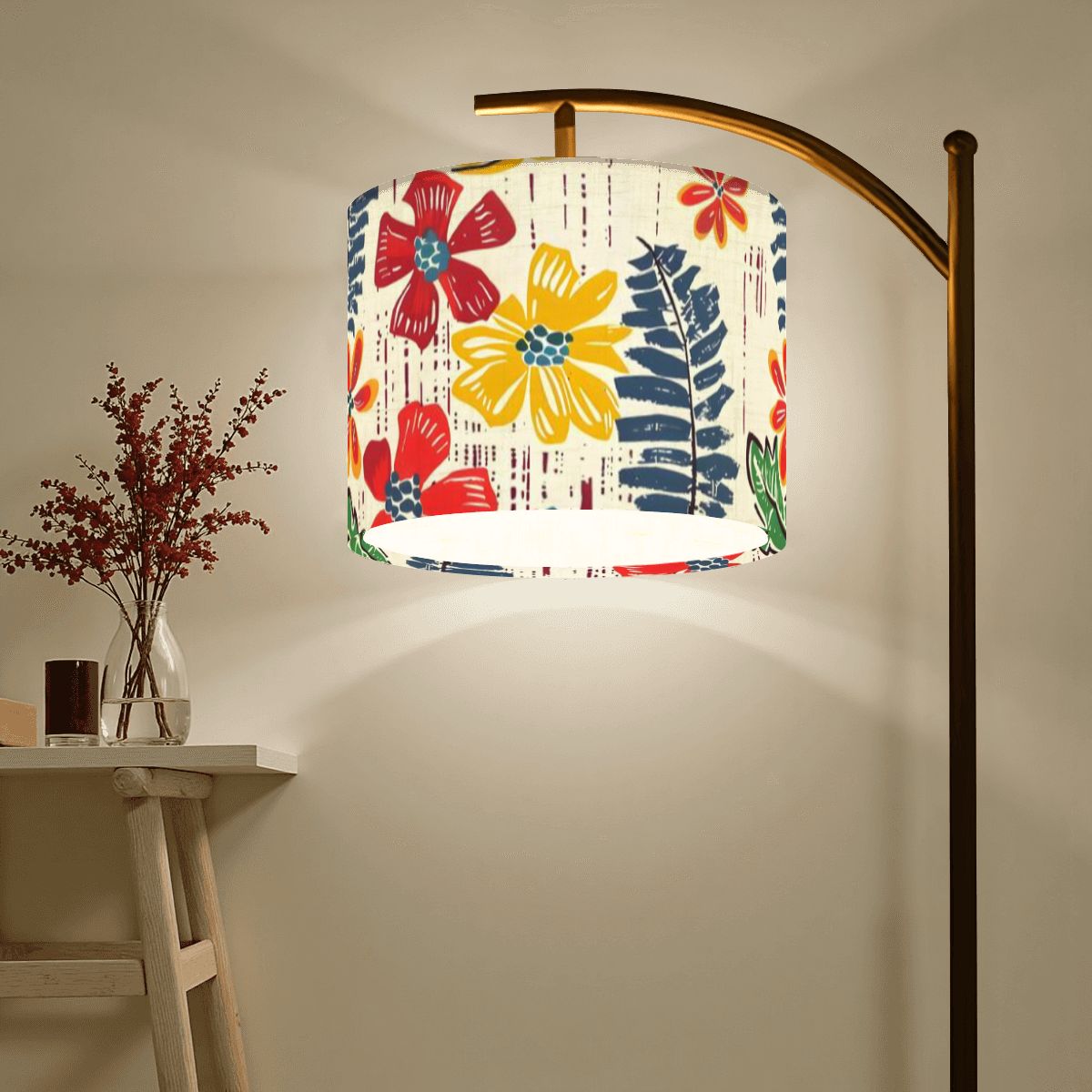 Heritage Floral Preppy Boho Modern Blue, Yellow, Red, Green Arc Floor Lamp