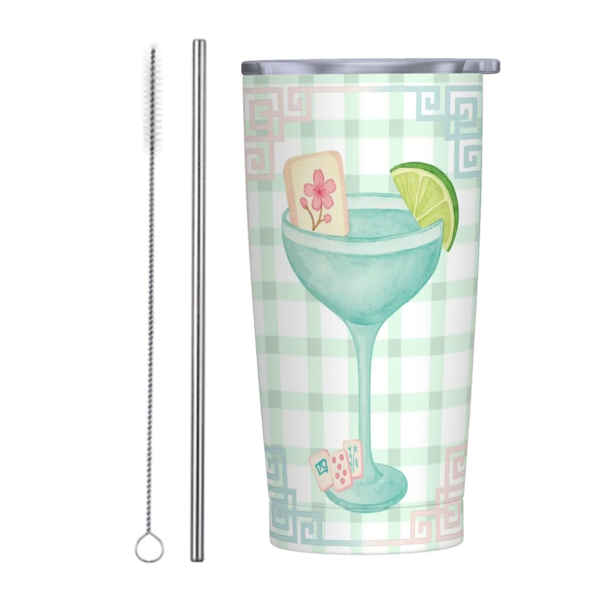 Mahjong Tumbler Gift Green Pink Gingham Preppy Stainless Steel Insulated Tumblers with Lid & Straw