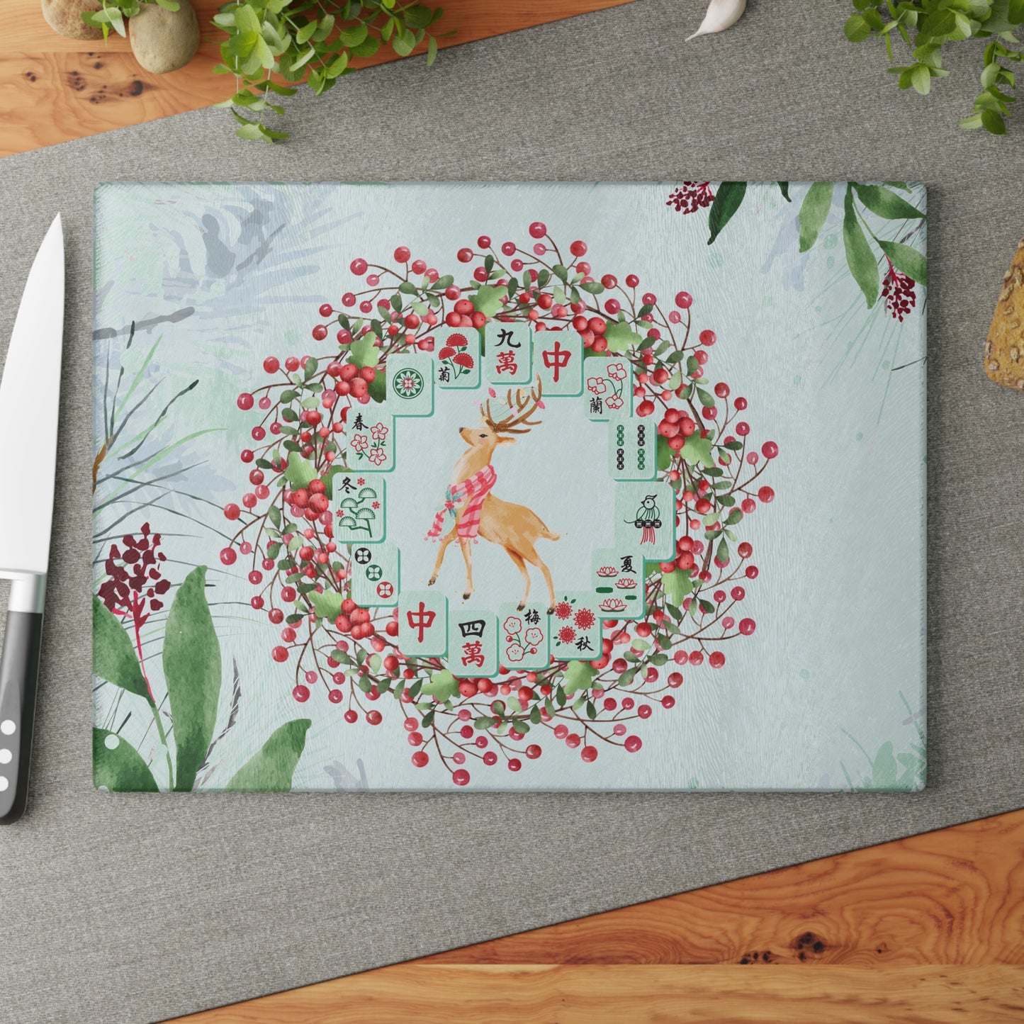 Mahjong Christmas Chacuterie Board, Festive Deer Glass Cutting Board