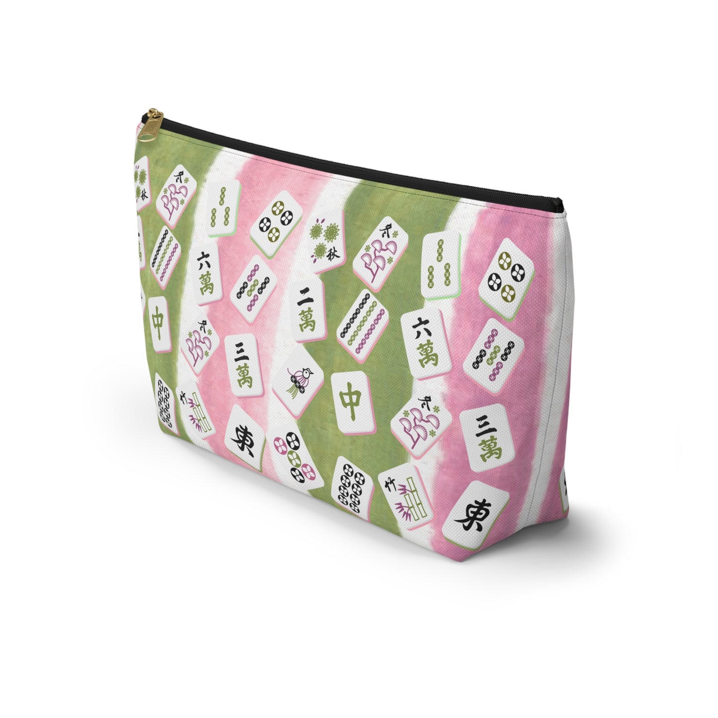 Mahjong Tile Pouch, Mahj Lover Gift, Cosmetic Bag, Pastel Pink Green Striped With Mahjong Tiles