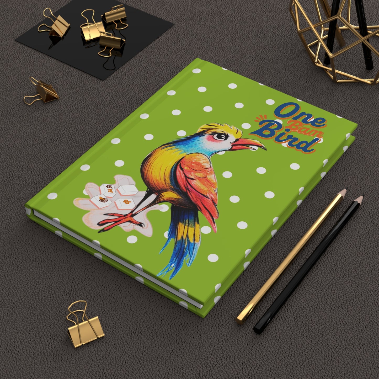 Mahjong One Bird Bam Vibrant Hardcover Notebook For Mahj Lovers Green White Polka Dot Preppy Style