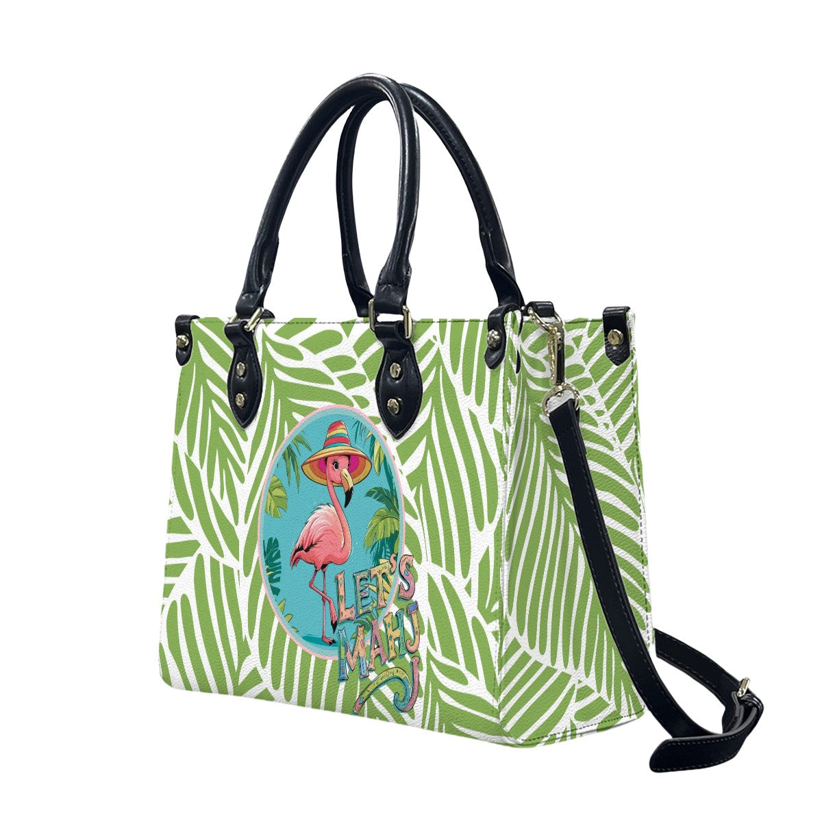 Let's Mahj Whimsical Pink Flamingo Mahjong Lover Green Tropical Shoulder Bag, Handbag, Travel