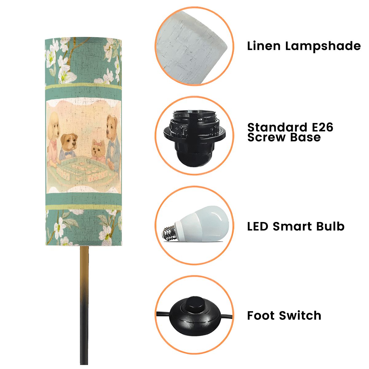 Whimsical Dogs Playing Mahjong Reading Nook Asian Floral Designed Modern Floor Lamp