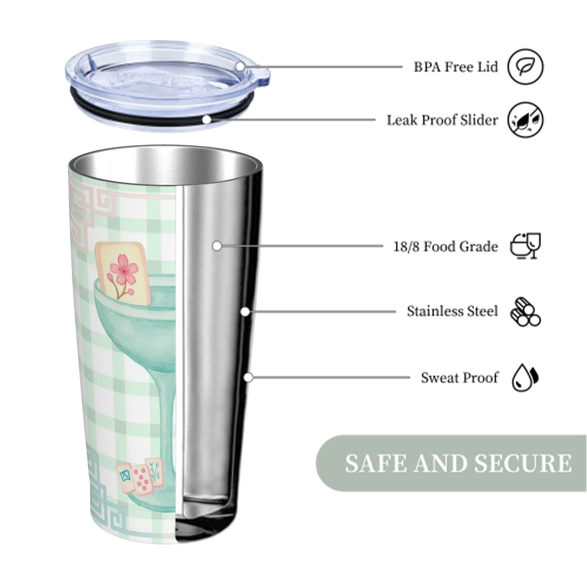 Mahjong Tumbler Gift Green Pink Gingham Preppy Stainless Steel Insulated Tumblers with Lid & Straw