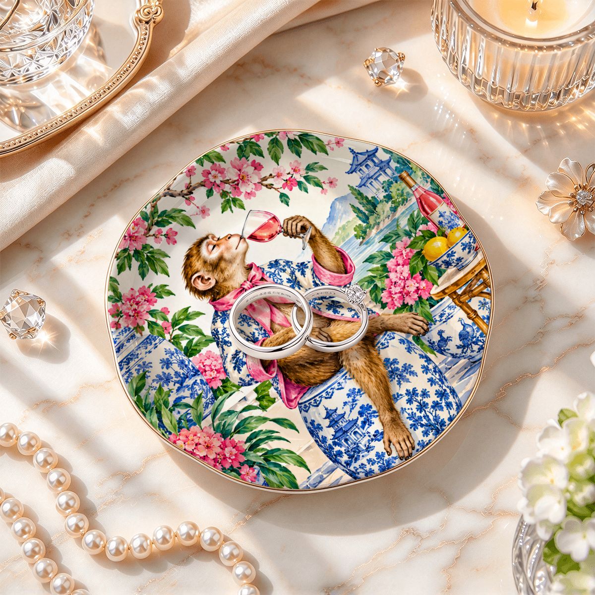 Grandmillenial Chinoiserie Monkey Round Scalloped Ceramic Mahjong Dice Tray - Splash Of Mahj And Color Co.
