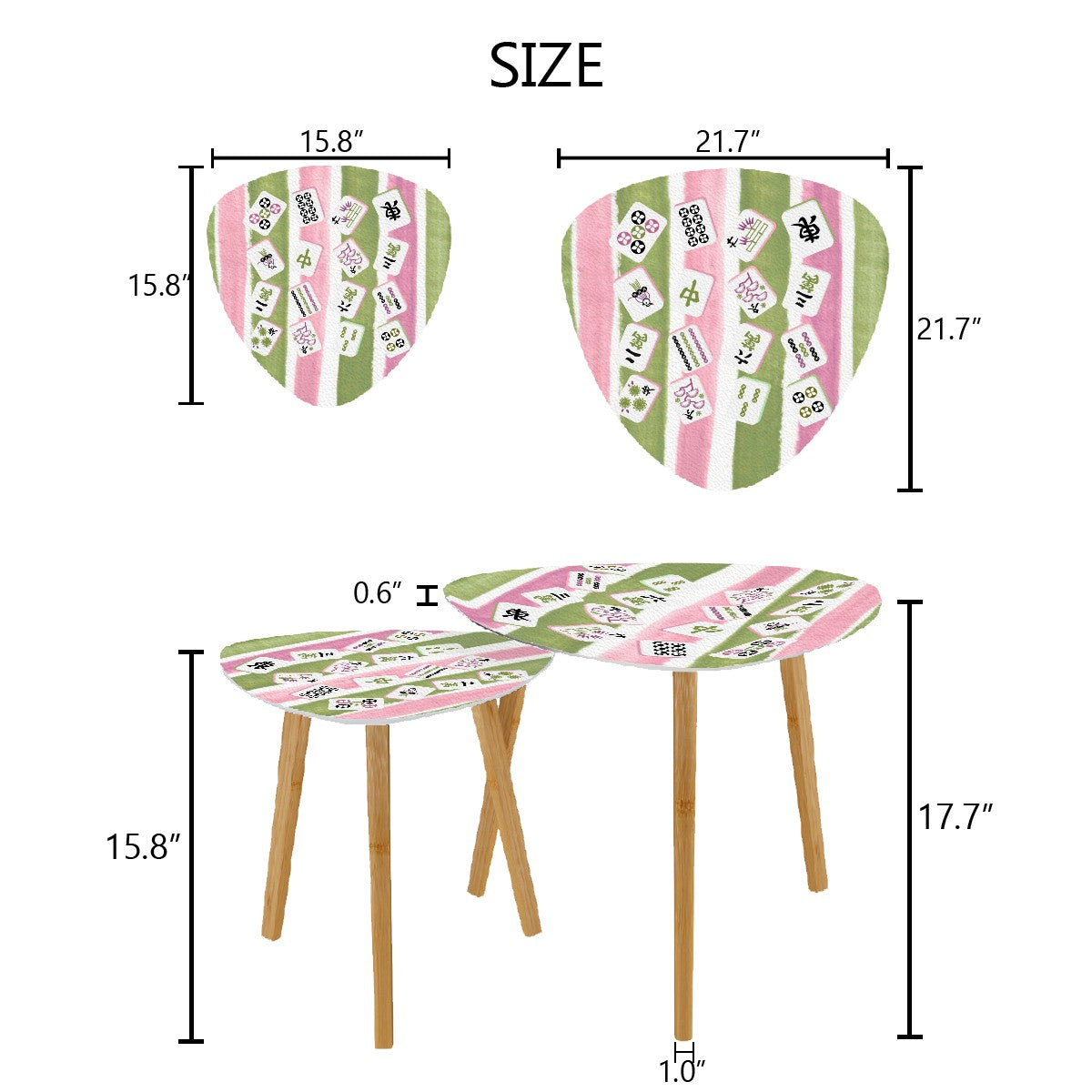 Mahjong Tile Designed Pink Green Watercolor Striped ModernTriangle Coffee Table Set of 2