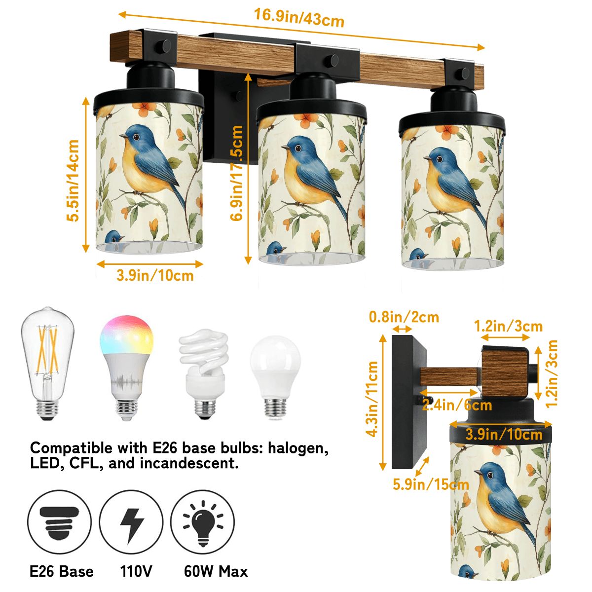 Blue Bird Floral Garden Asian Zen Vanity Light Fixture