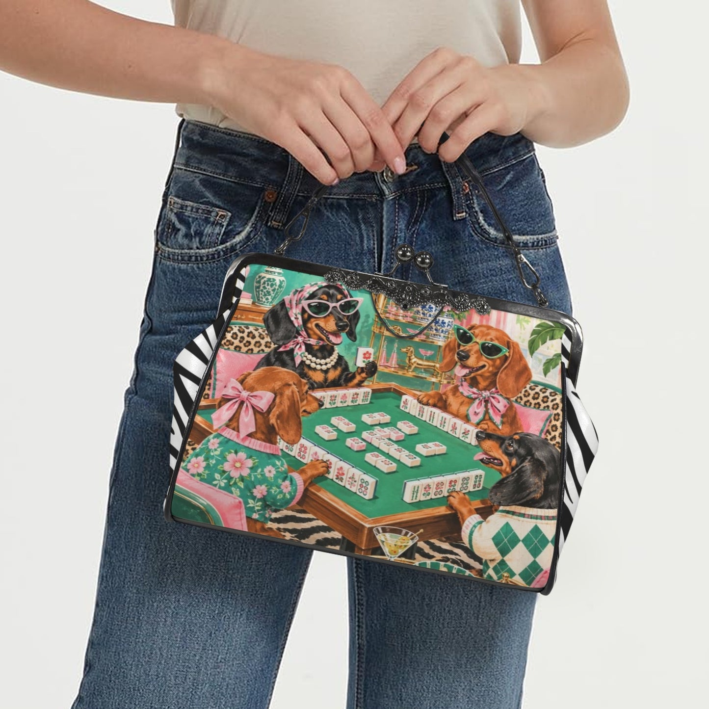 Doxie Foxy Moxies Playing Mahj Kisslock Purse