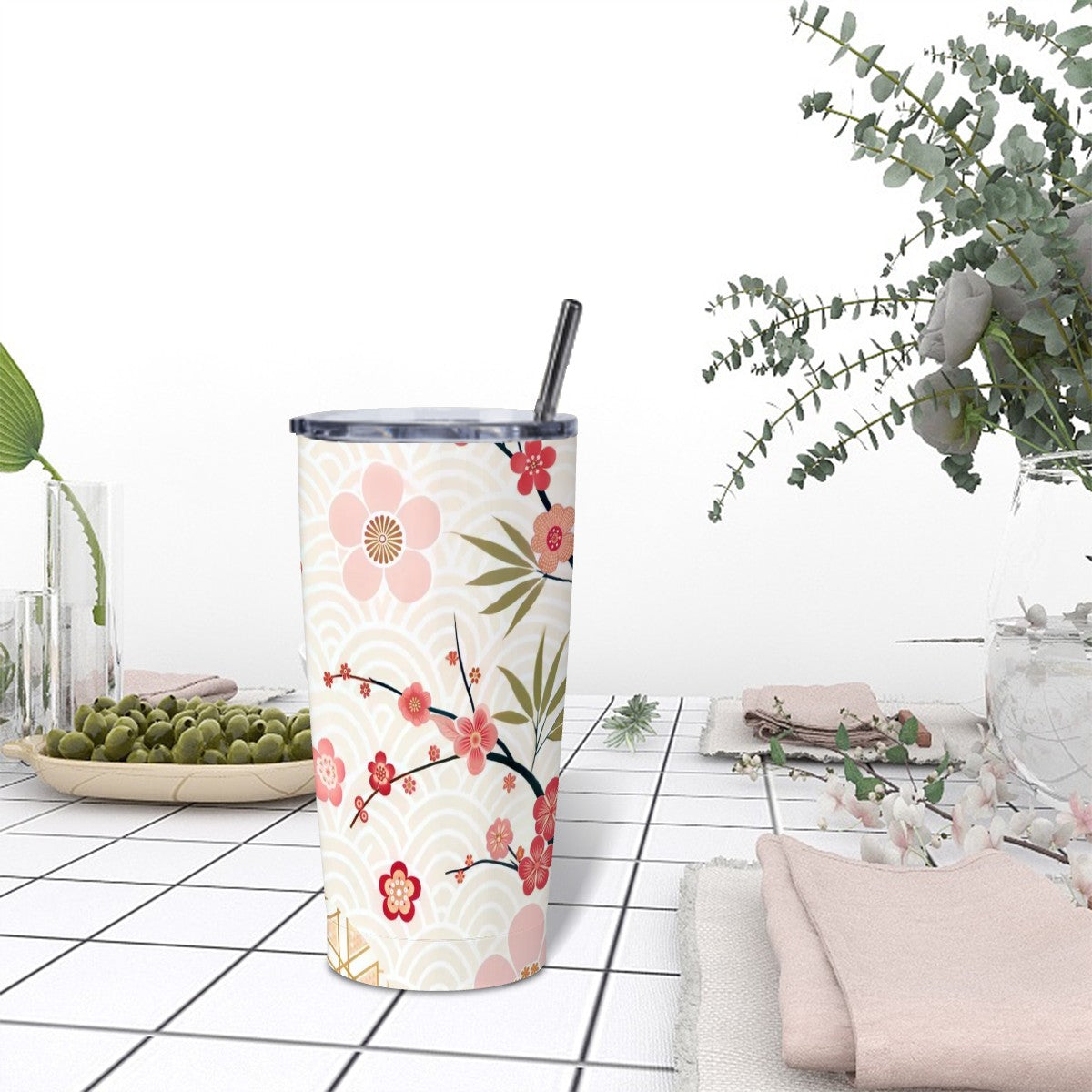 Asian Cherry Blossom Floral Stainless Steel Insulated Tumblers with Lid & Straw