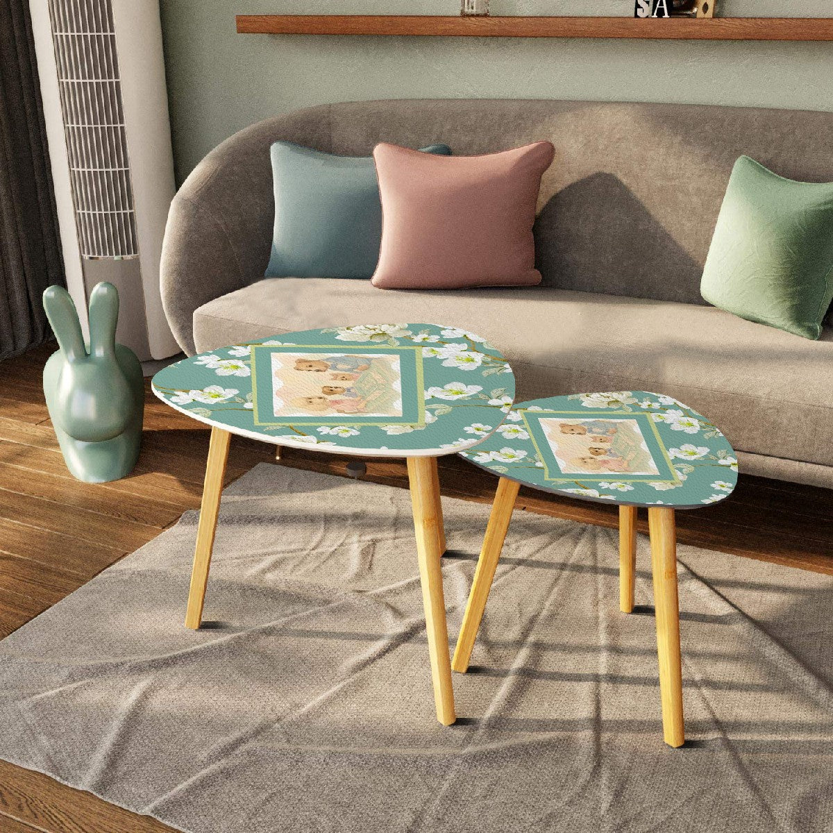 Floral Asian Dogs Playing Mahjong Whimsical Snack Nesting Tables For Mahj Night