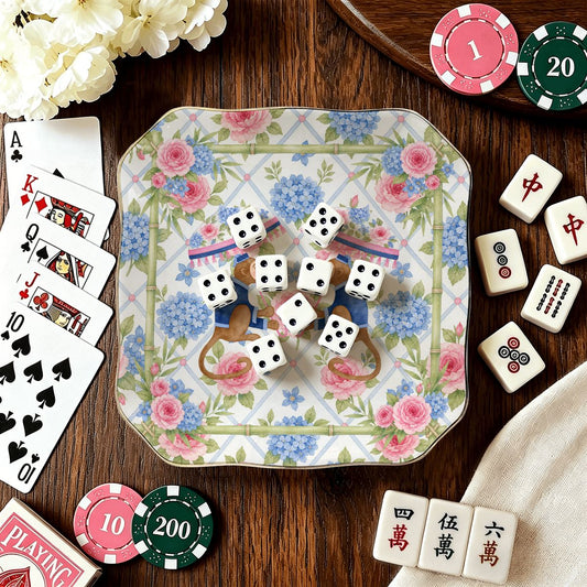 Asian Chinoiserie Floral Monkey Scalloped Ceramic Mahjong Dice Tray - Splash Of Mahj And Color Co.