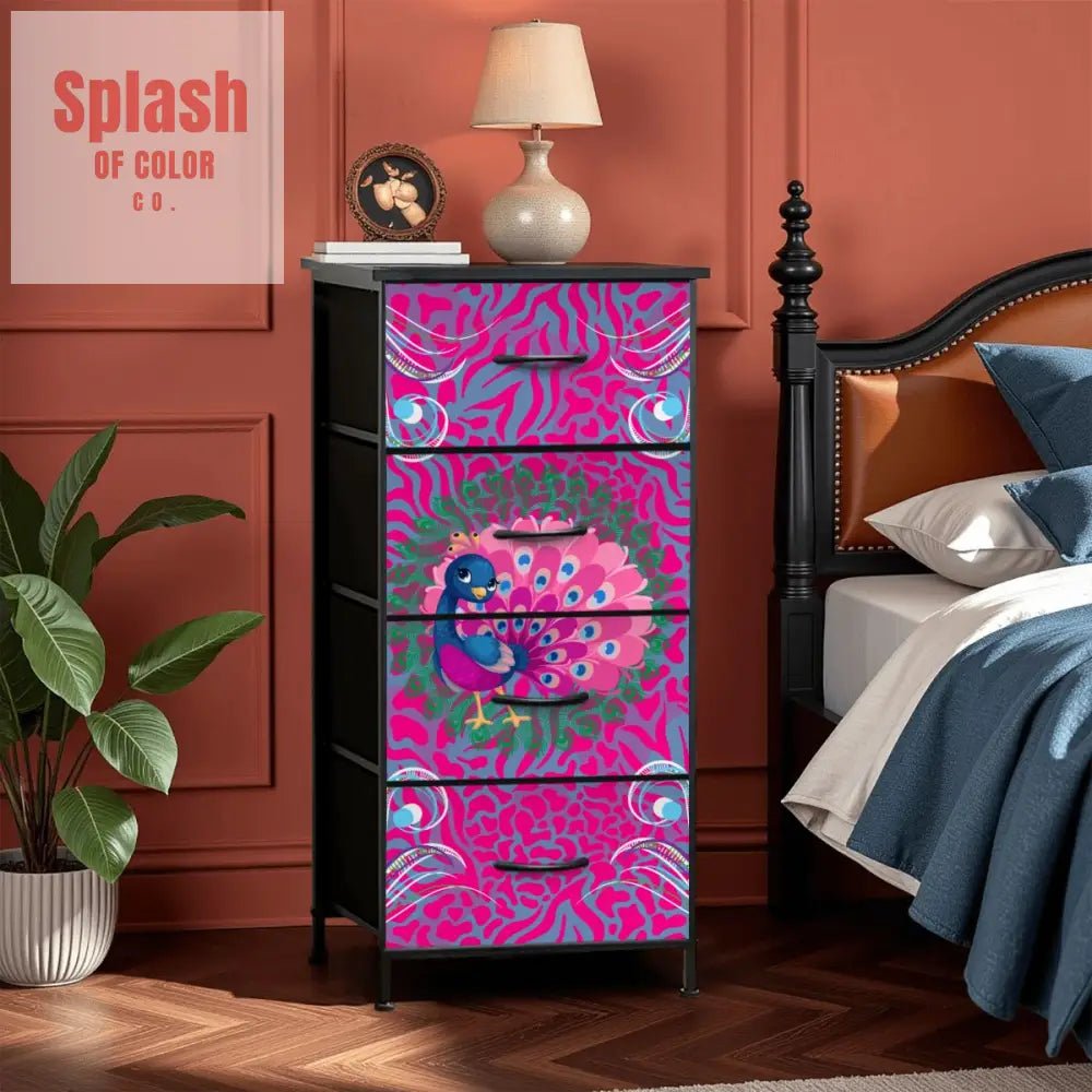 Whimsical Floral Peacock, Hot Pink, Blue Mahjong 4 - Drawer Dresser - Splash of Color co.