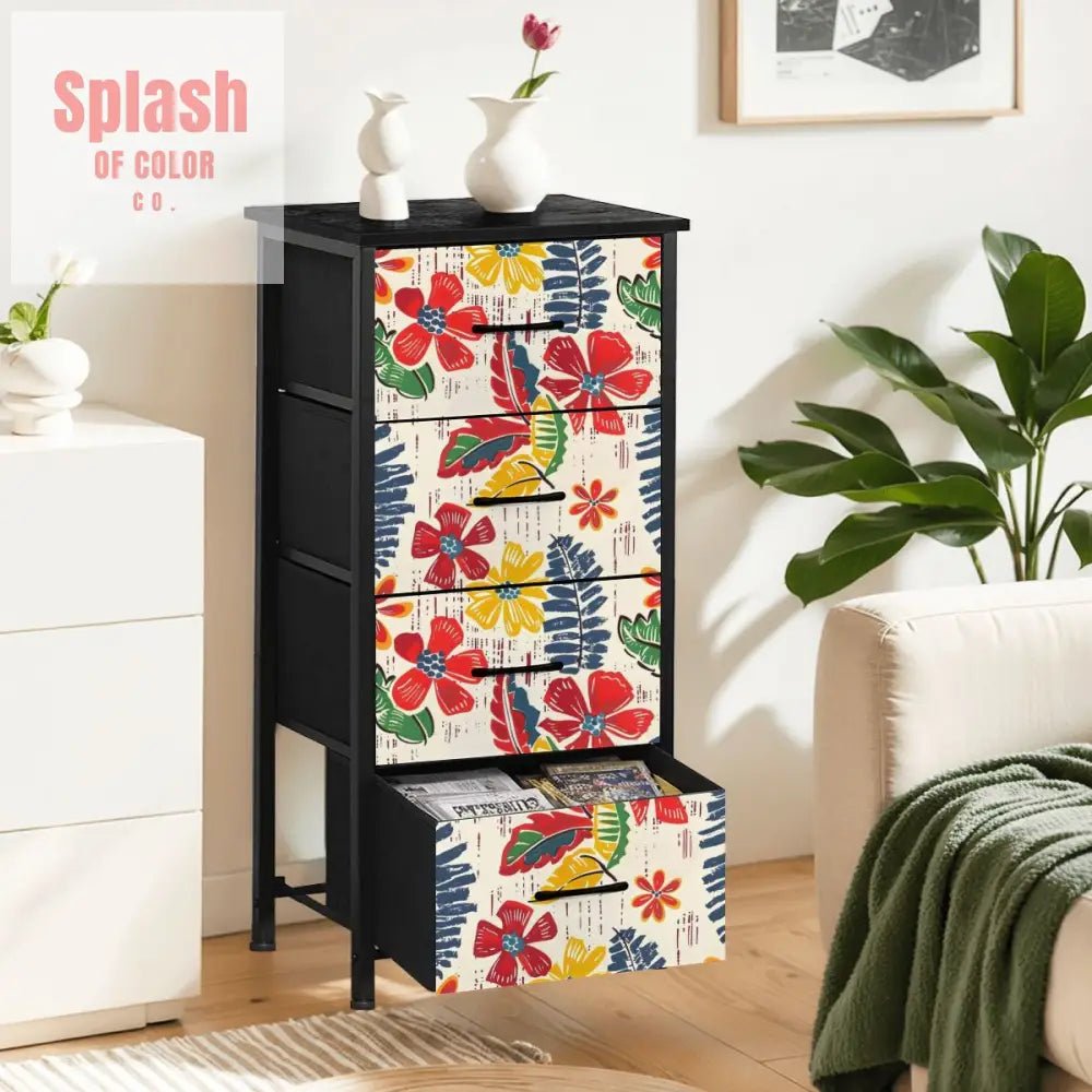 Floral Heritage Blue, Red, Yellow Modern 4 - Drawer Dresser - Splash of Color co.