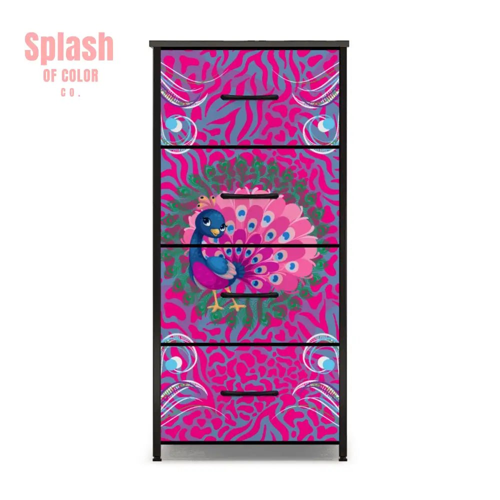 Whimsical Floral Peacock, Hot Pink, Blue Mahjong 4 - Drawer Dresser - Splash of Color co.