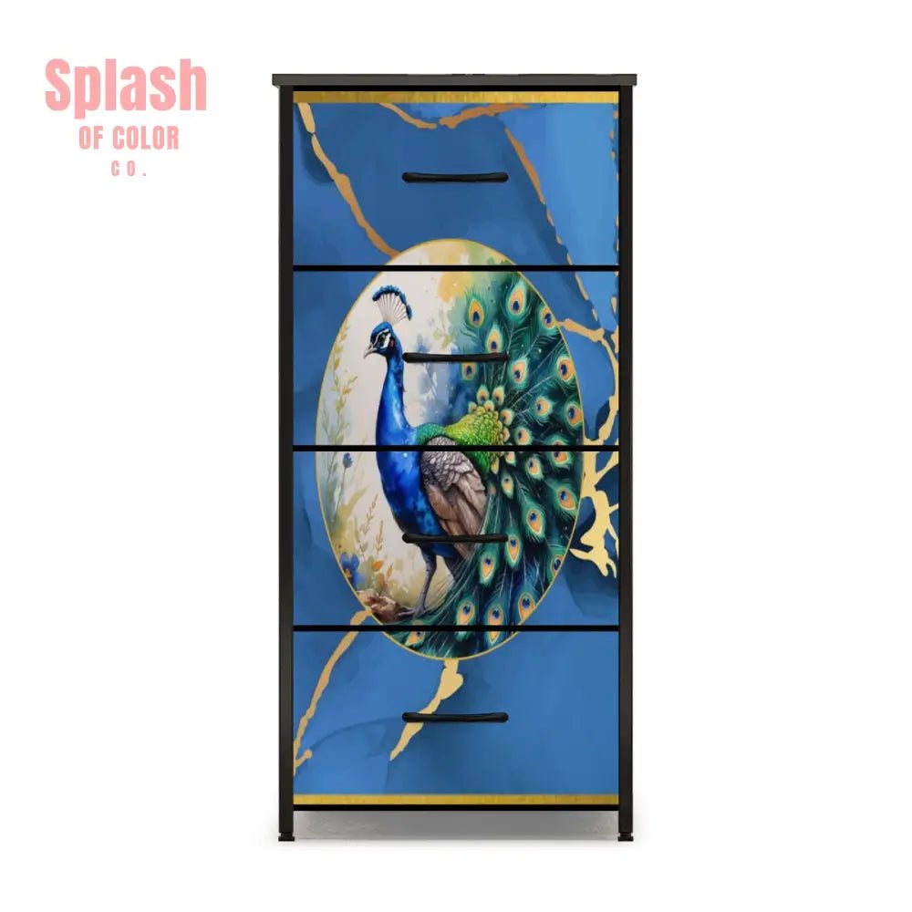 Chinoiserie Peacock Marbled Blue Gold, Elegant Mahjong 4 - Drawer Dresser - Splash of Color co.