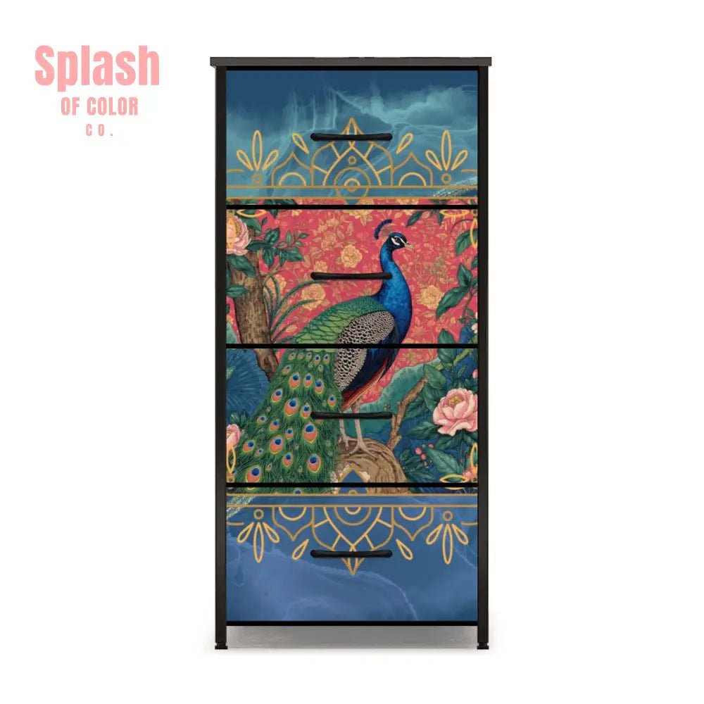 Elegant Peacock, Blue Gold Chinoiserie Accent 4 - Drawer Dresser - Splash of Color co.