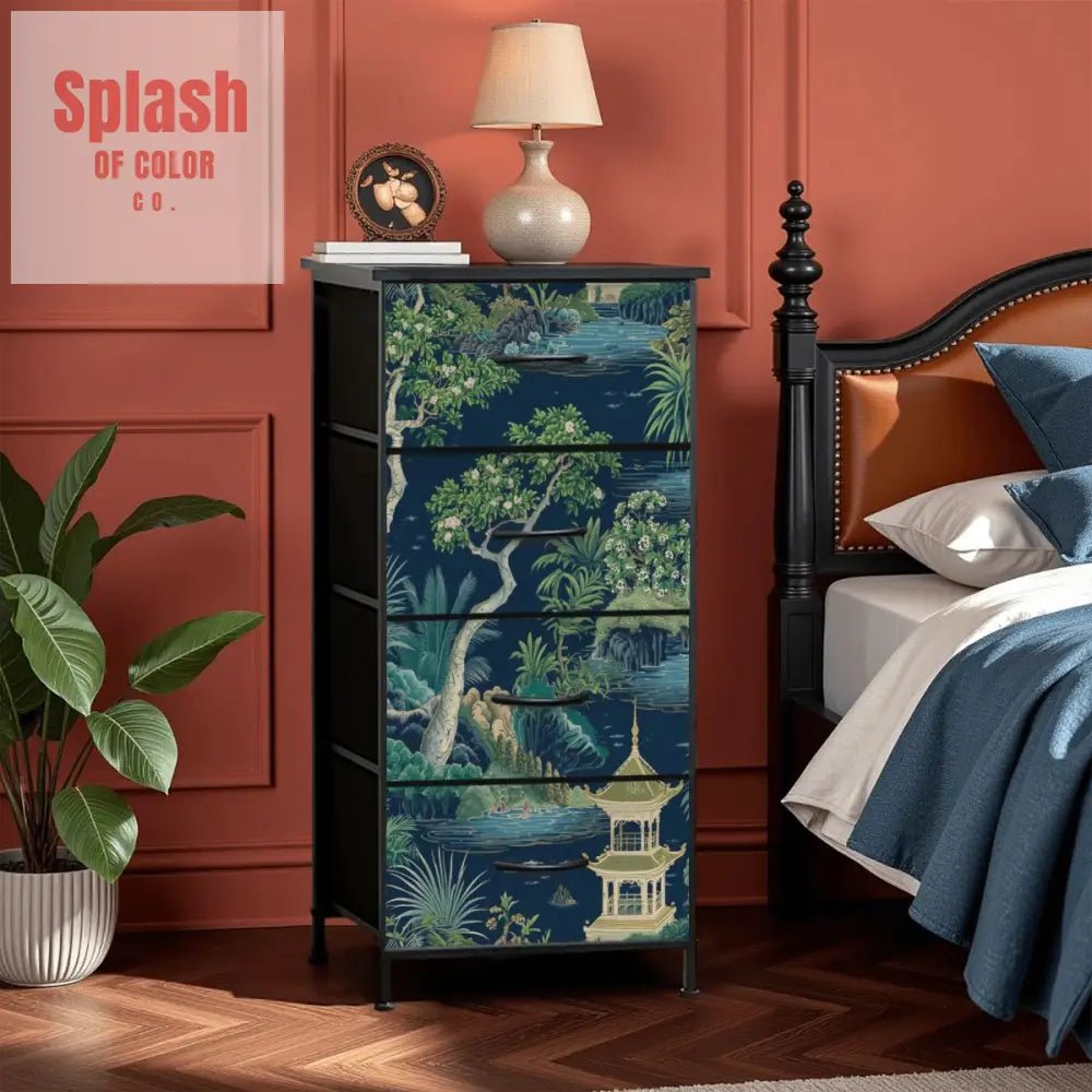 Asian Garden Chinoiserie Royal Blue, Green Storage 4 - Drawer Dresser - Splash of Color co.