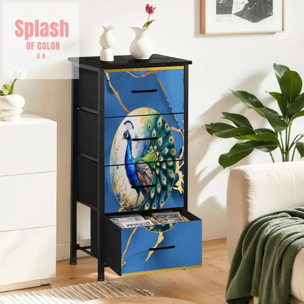 Chinoiserie Peacock Marbled Blue Gold, Elegant Mahjong 4 - Drawer Dresser - Splash of Color co.