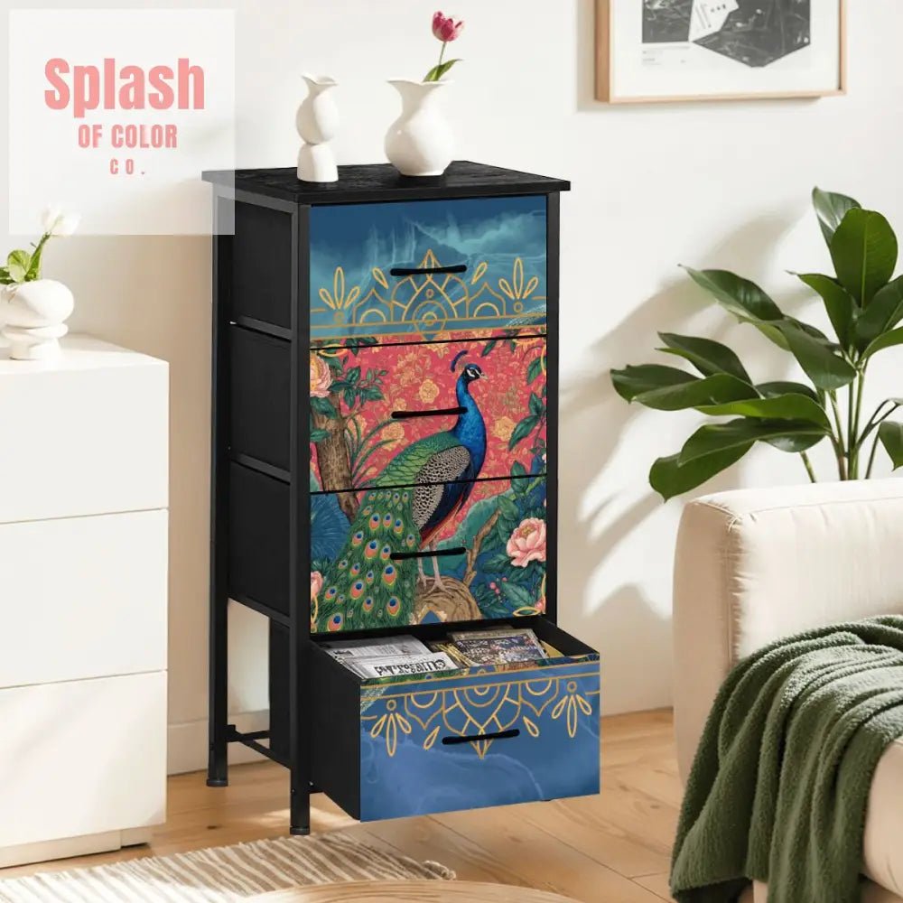 Elegant Peacock, Blue Gold Chinoiserie Accent 4 - Drawer Dresser - Splash of Color co.