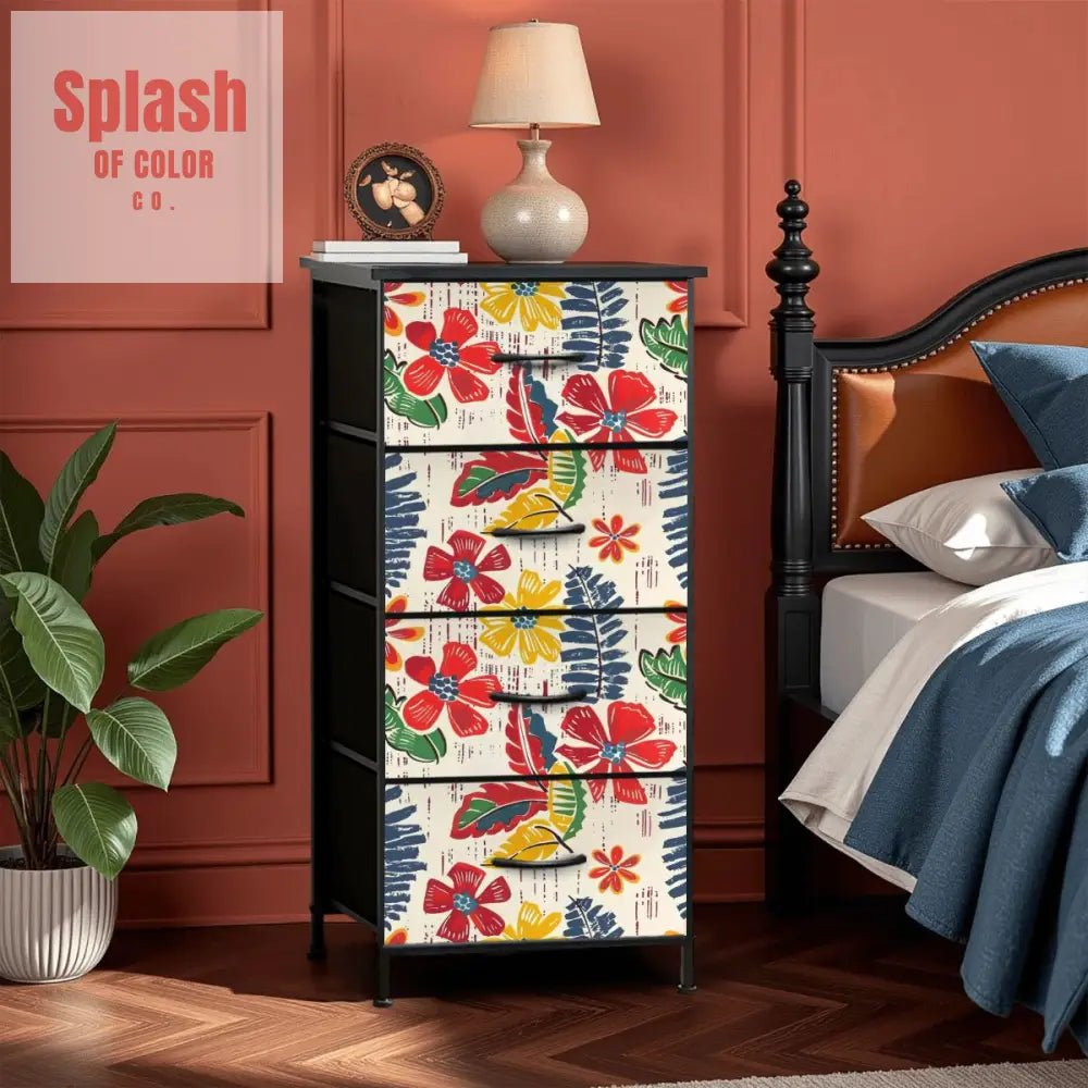 Floral Heritage Blue, Red, Yellow Modern 4 - Drawer Dresser - Splash of Color co.