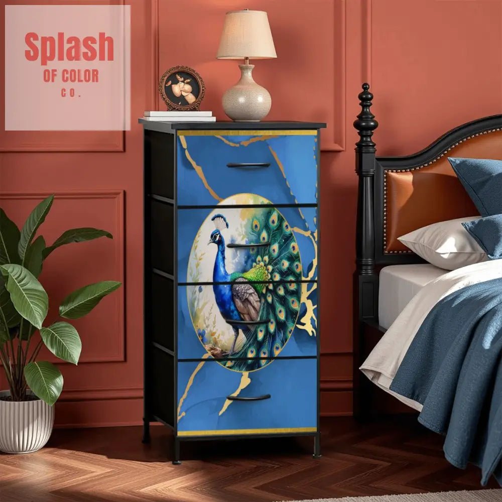 Chinoiserie Peacock Marbled Blue Gold, Elegant Mahjong 4 - Drawer Dresser - Splash of Color co.