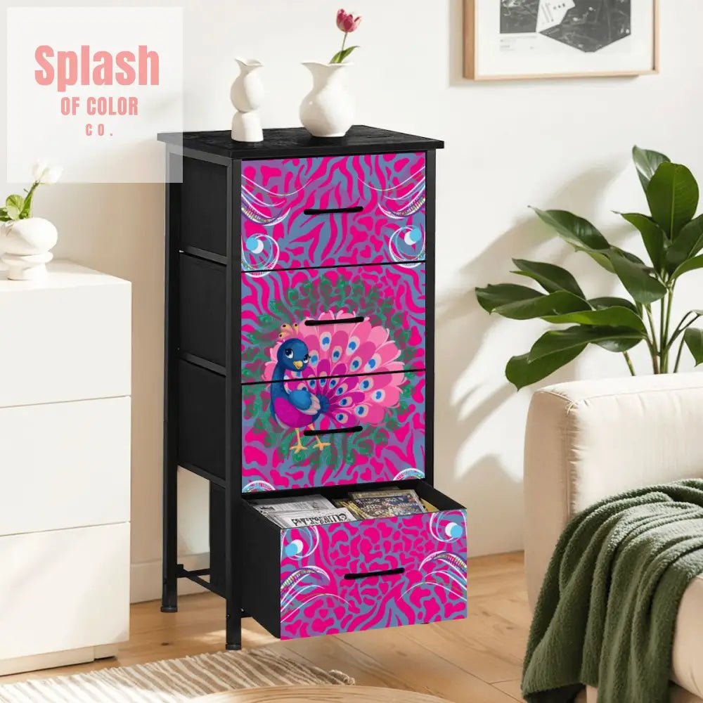 Whimsical Floral Peacock, Hot Pink, Blue Mahjong 4 - Drawer Dresser - Splash of Color co.