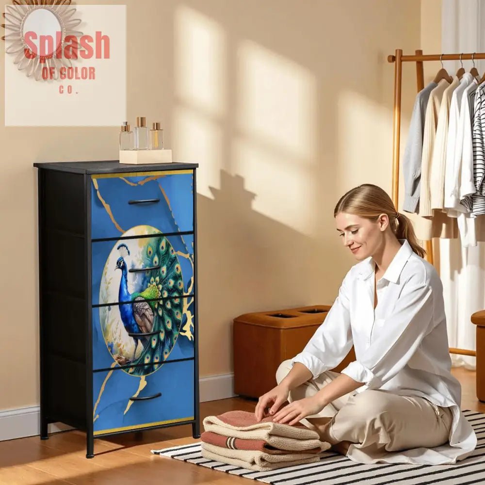 Chinoiserie Peacock Marbled Blue Gold, Elegant Mahjong 4 - Drawer Dresser - Splash of Color co.