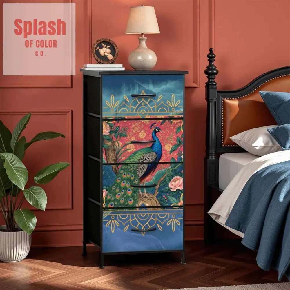 Elegant Peacock, Blue Gold Chinoiserie Accent 4 - Drawer Dresser - Splash of Color co.