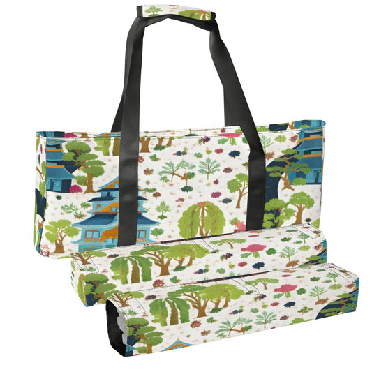 Chinoiserie Asian Garden Pagodas Mahjong Bag Set With Tile And Rack Holder - Splash of Color Co.