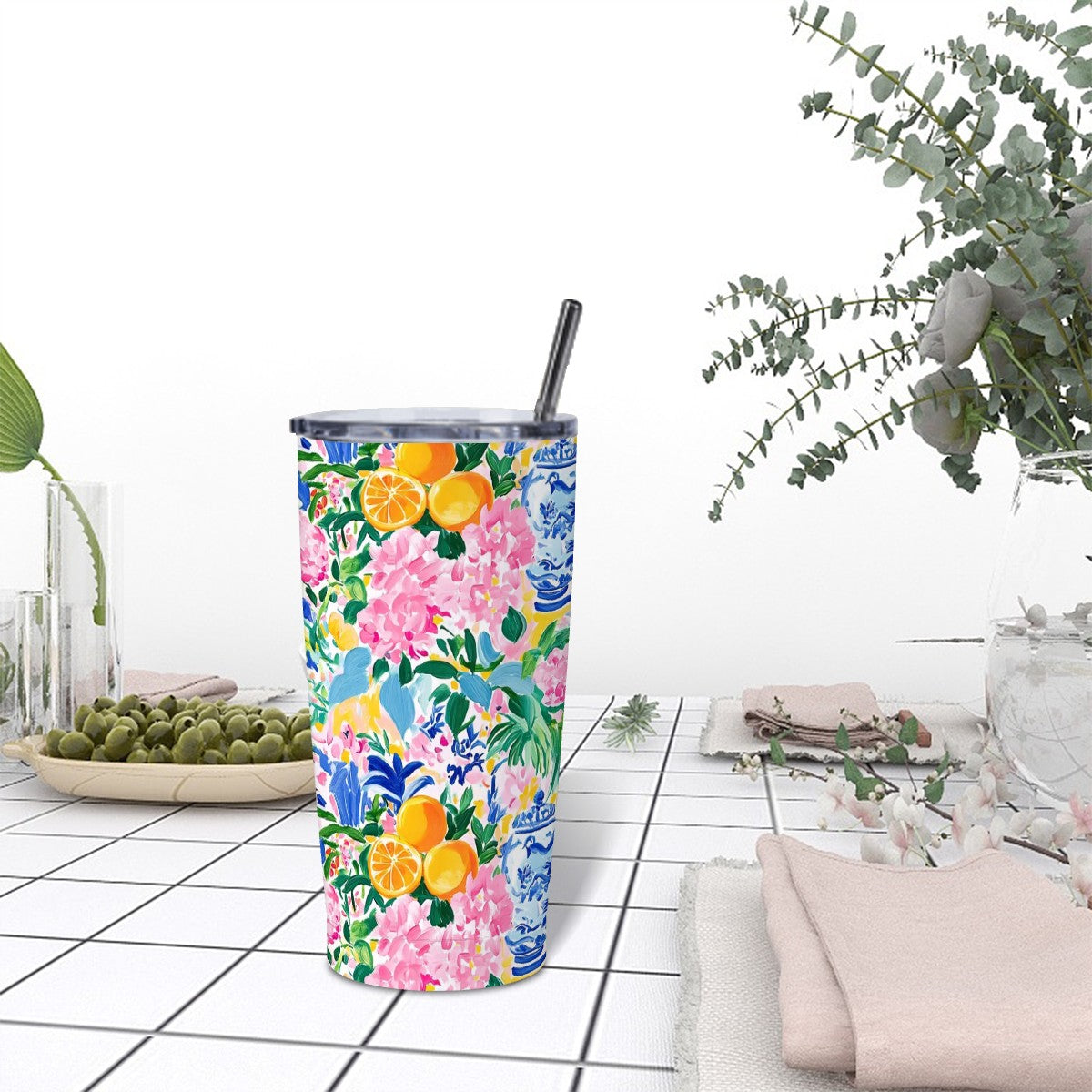 Sunny Citrus Chinoiserie Preppy Stainless Steel Insulated Tumblers with Lid & Straw (20oz)