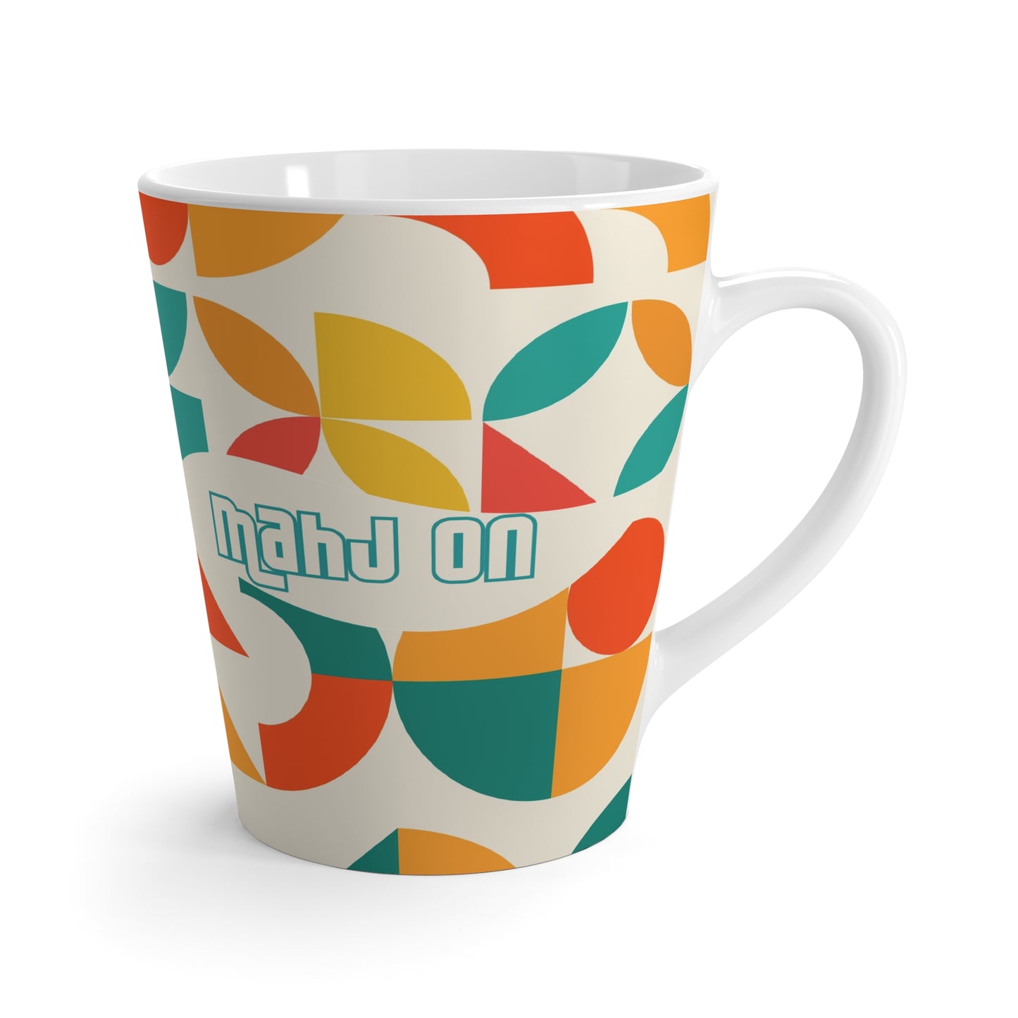 Mahj On Mahjong Lover Colorful Geometric Latte Mug, Orange, Teal, Yellow Mahj Gift