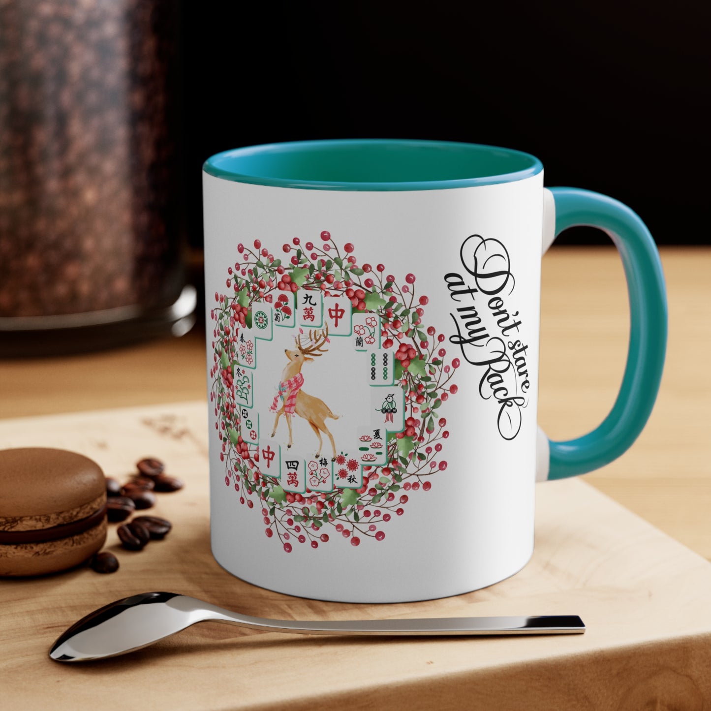 Funny Mahjong Christmas Mug, Don't Stare At My Rack, Mahj Tiles, Reindeer, Festive Mahj Mug for Holiday Cheer - 11oz Accent Mug, Gift for