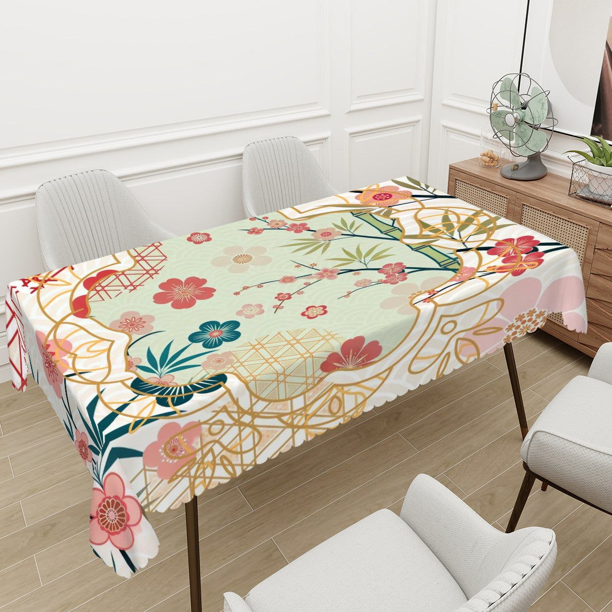 Asian Cherry Blossom Mahjong Party Hosting, All Occassion Rectangular Table Cloth with Wavy Edge