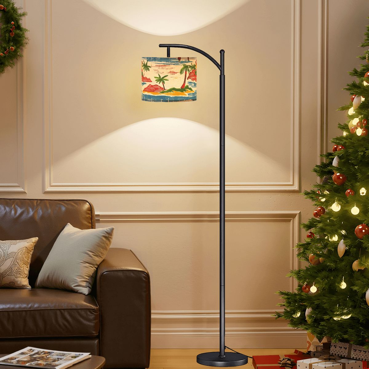 Vintage Floral Paradise Heritage Collection Palm Trees And Beach Modern Arc Floor Lamp
