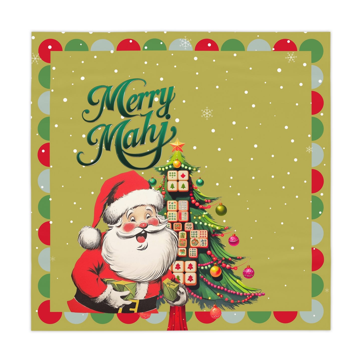 Vintage Santa Mahjong Tablecloth, Whimsical Tile Tree Merry Mahj Christmas Tablecloth