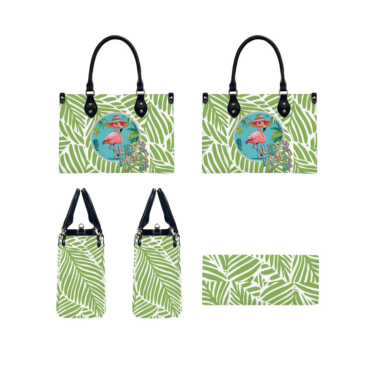 Let's Mahj Whimsical Pink Flamingo Mahjong Lover Green Tropical Shoulder Bag, Handbag, Travel