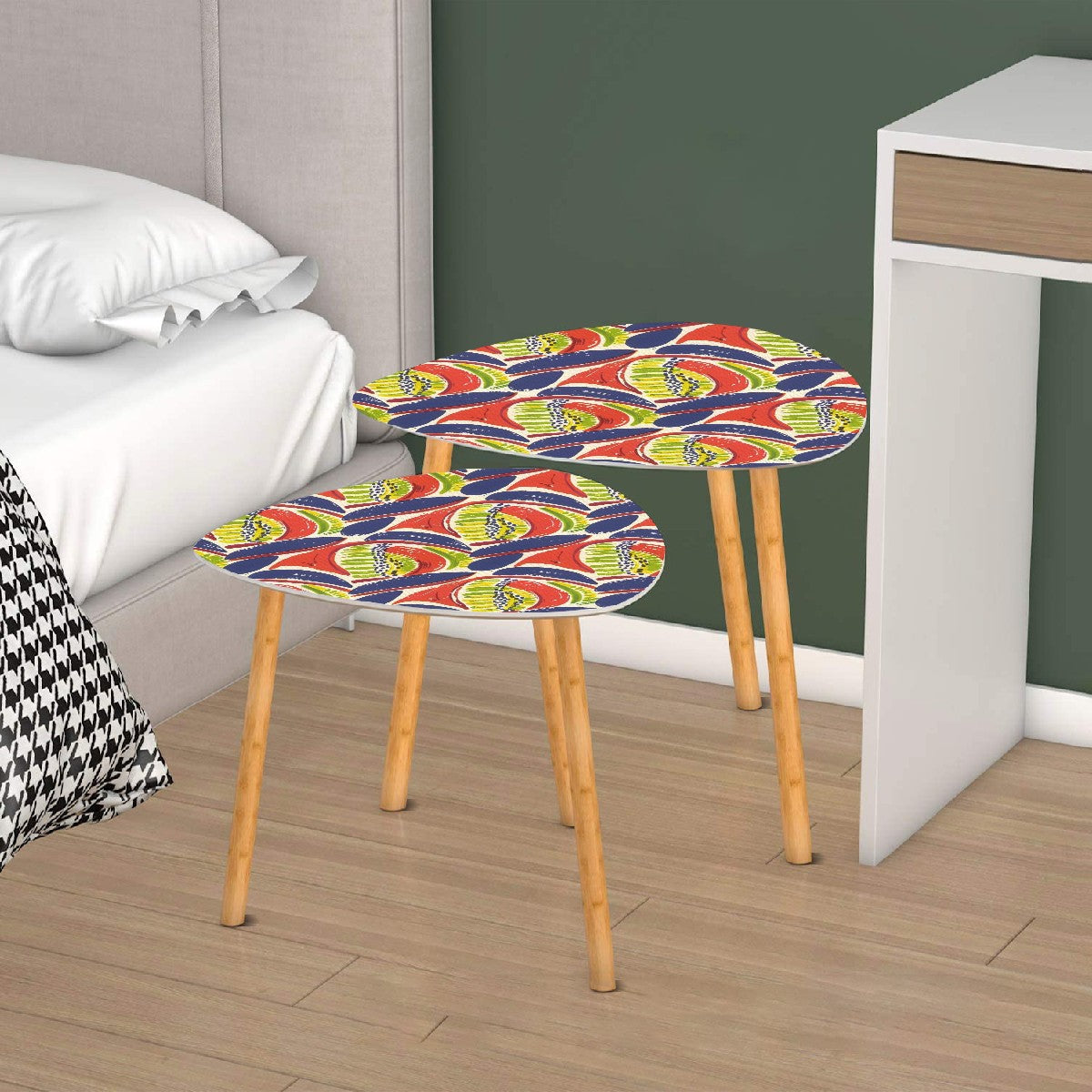 Modern Heritage Abstract Coral Blue, Citrus Green Nesting Tables Triangle Coffee Tables