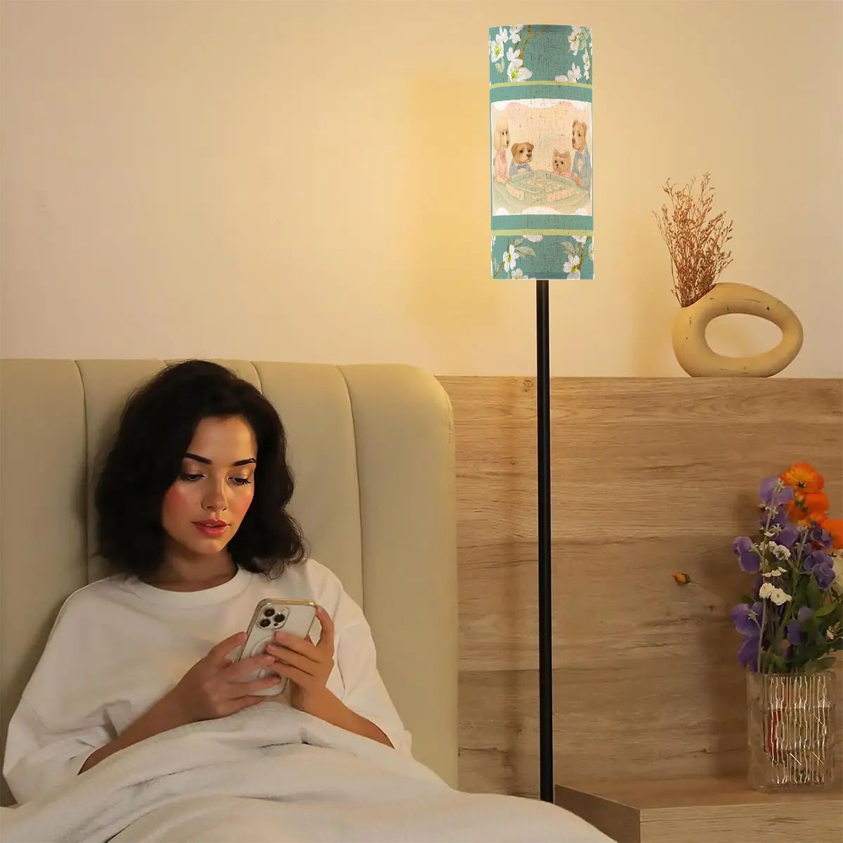 Whimsical Dogs Playing Mahjong Reading Nook Asian Floral Designed Modern Floor Lamp