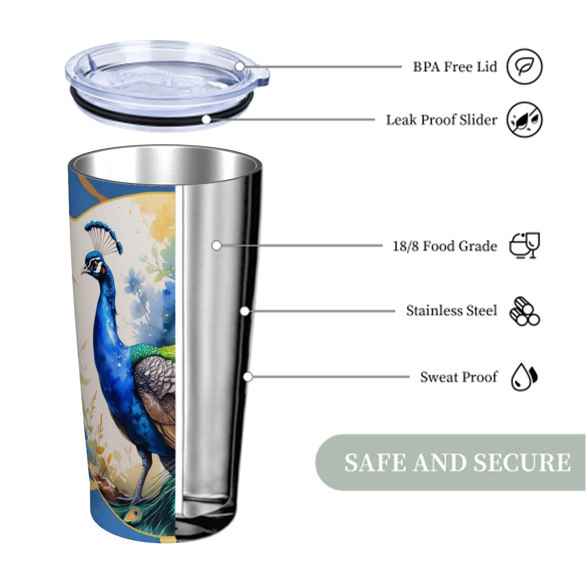 Floral Peacock Watercolor Blue And Gold Marbled Stainless Steel Insulated Tumbler