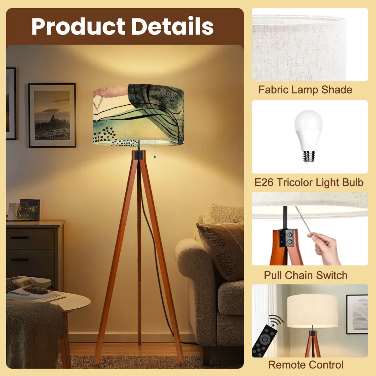 Bohemain Watercolor Blue, Blush Abstract Modern Tripod Floor Lamp