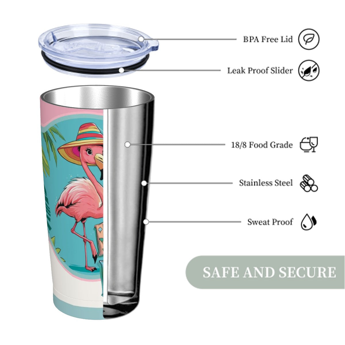 Let's Mahj, Whimsical Tropical Flamingo Mahjong Stainless Steel Insulated Tumblers with Lid & Straw
