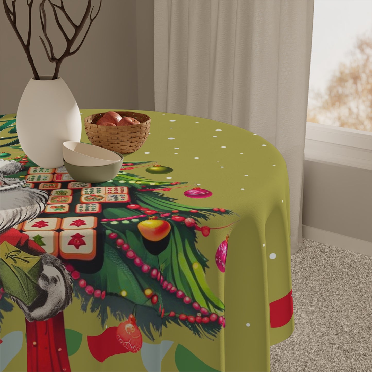Vintage Santa Mahjong Tablecloth, Whimsical Tile Tree Merry Mahj Christmas Tablecloth